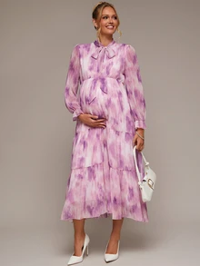 SHEIN Elegant Maternity Tie-Dye Print Commuter Dress - Purple - View 3