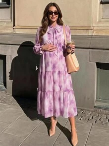 SHEIN Elegant Maternity Tie-Dye Print Commuter Dress - Purple - View 2