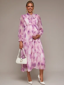 SHEIN Elegant Maternity Tie-Dye Print Commuter Dress - Purple - View 7