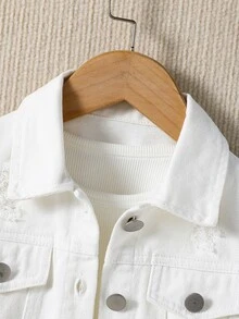 SHEIN Young Girl 1pc Ripped Flap Detail Denim Jacket, School, Campus, College Autumn Fall - White - View 4