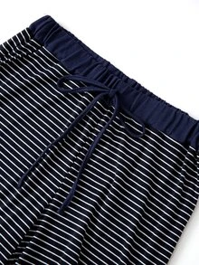 GlowEve CURVE Plus Size Solid Color Knit Cardigan, Front Button Closure, Striped Fitted Drawstring Decor, Elegant Casual Commute Daily Wear Pants Fall - Navy Blue - View 6