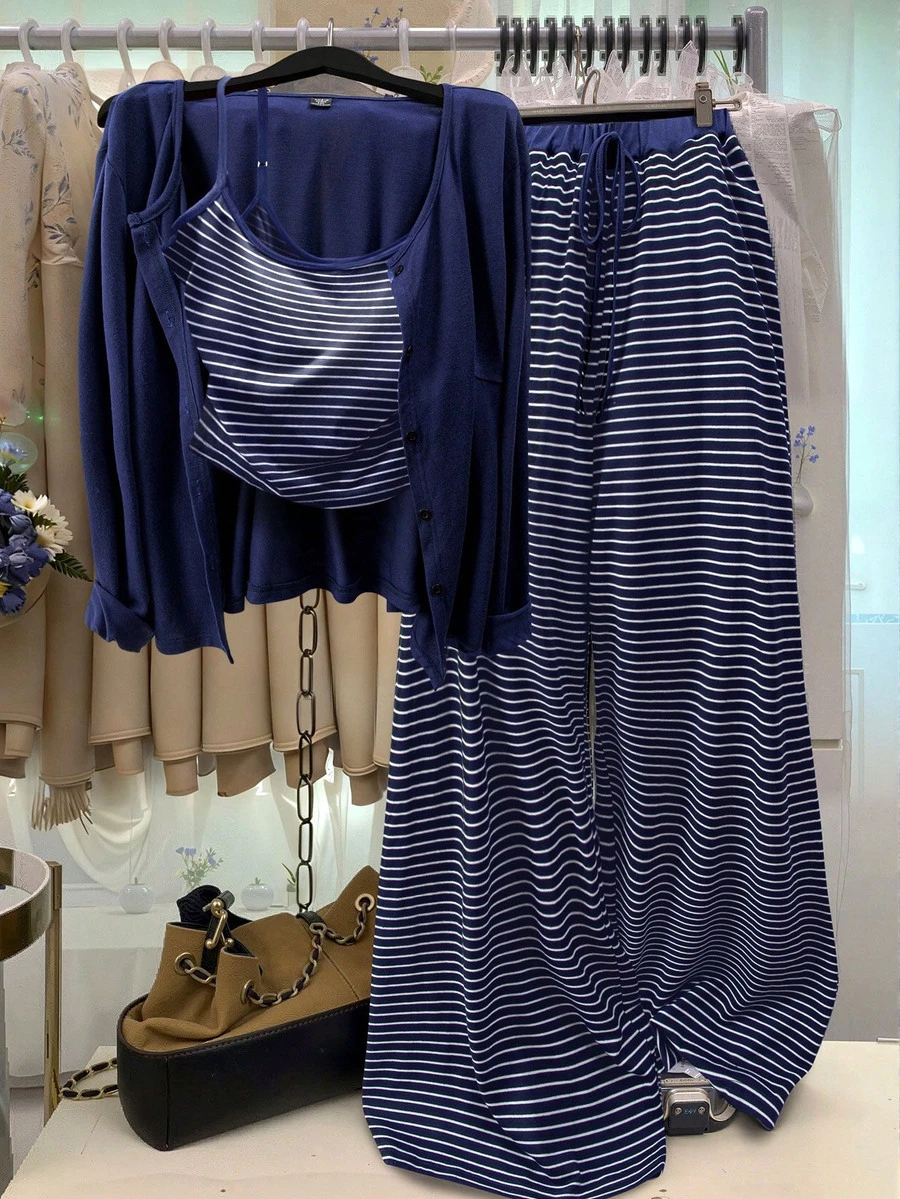 GlowEve CURVE Plus Size Solid Color Knit Cardigan, Front Button Closure, Striped Fitted Drawstring Decor, Elegant Casual Commute Daily Wear Pants Fall - Navy Blue - View 1