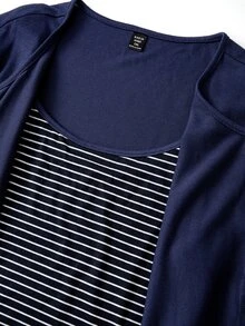 GlowEve CURVE Plus Size Solid Color Knit Cardigan, Front Button Closure, Striped Fitted Drawstring Decor, Elegant Casual Commute Daily Wear Pants Fall - Navy Blue - View 9