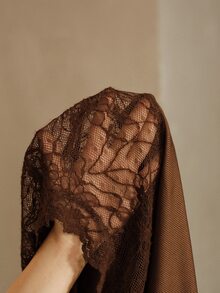 SHEIN Tops Slim Fit Lace Patchwork Long Sleeve Mock Neck Ribbed Elegant Romantic Coffee Brown Solid Fall Clothes For Women Christmas Date Night - Brown - View 8