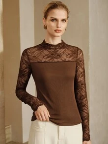 SHEIN Tops Slim Fit Lace Patchwork Long Sleeve Mock Neck Ribbed Elegant Romantic Coffee Brown Solid Fall Clothes For Women Christmas Date Night - Brown - View 7
