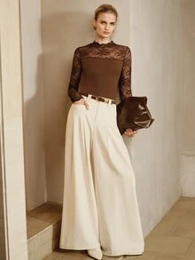 SHEIN Tops Slim Fit Lace Patchwork Long Sleeve Mock Neck Ribbed Elegant Romantic Coffee Brown Solid Fall Clothes For Women Christmas Date Night - Brown - View 2
