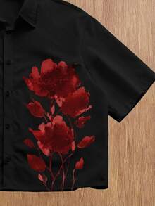 StoneGrade Camisa casual de manga corta con botones delanteros y estampado floral para hombre, verano - Negro - Ver 2