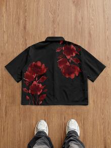 StoneGrade Camisa casual de manga corta con botones delanteros y estampado floral para hombre, verano - Negro - Ver 3