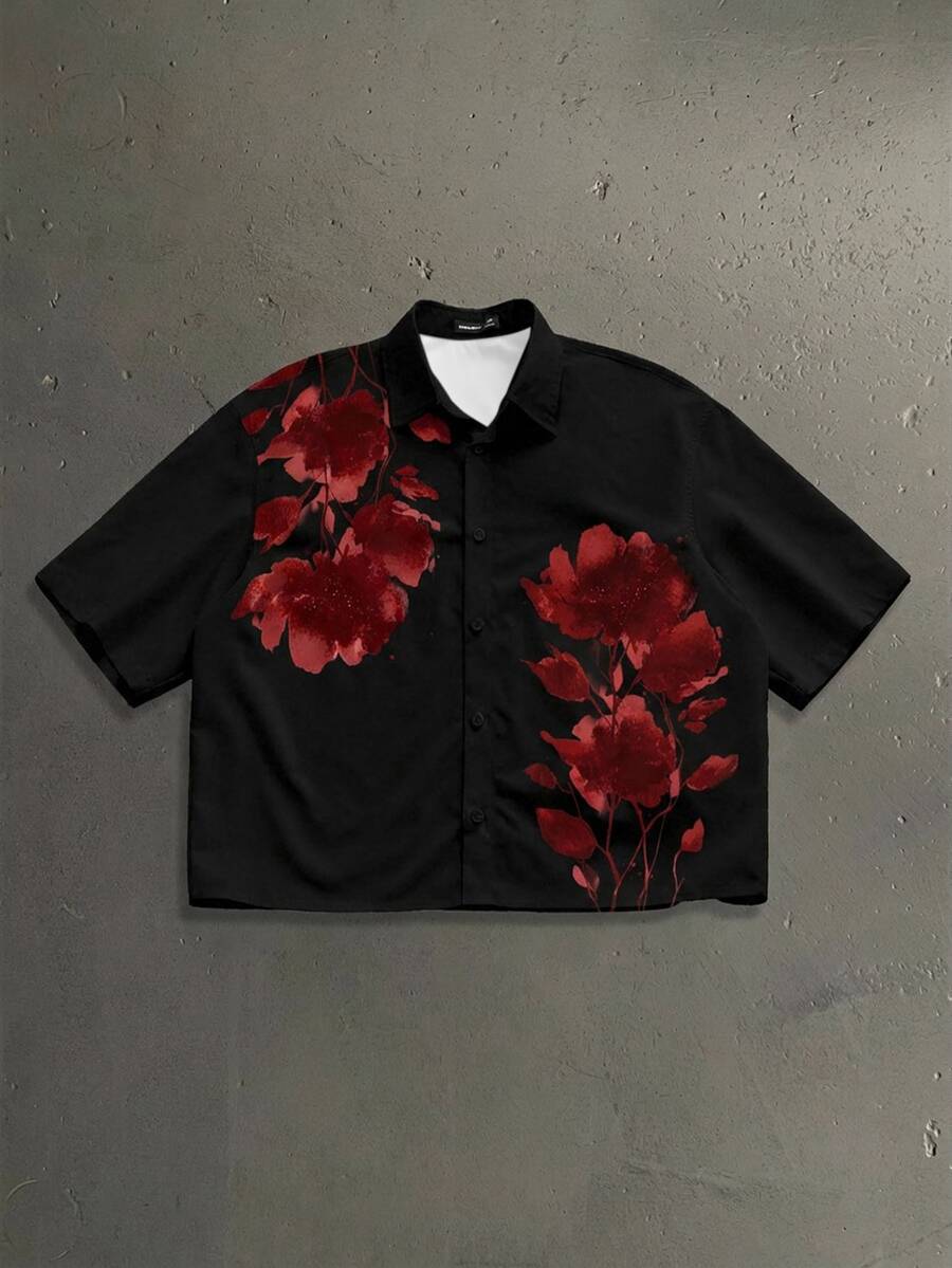 StoneGrade Camisa casual de manga corta con botones delanteros y estampado floral para hombre, verano - Negro - Ver 1