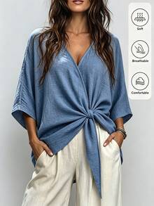 SHEIN Holidaya Women's Solid Color V-Neck Batwing Sleeve Waist Knot Casual Shirt - Medium Wash - View 1
