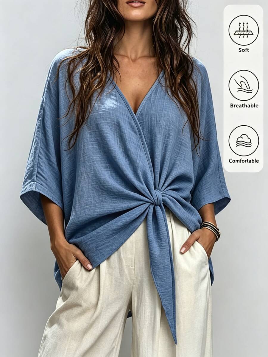 SHEIN Holidaya Women's Solid Color V-Neck Batwing Sleeve Waist Knot Casual Shirt - Medium Wash - View 1