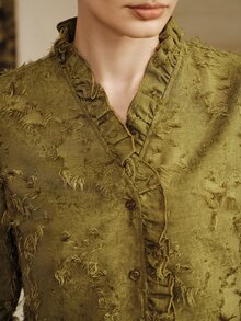 Arave CommtingElegant Commuter Solid Color Tassel Ruffle Trim Blouse - Army Green - View 3