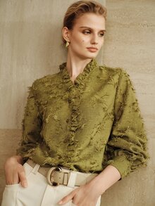 Arave CommtingElegant Commuter Solid Color Tassel Ruffle Trim Blouse - Army Green - View 4