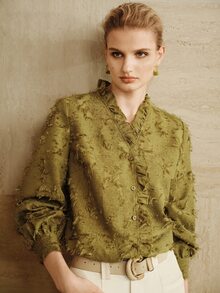 Arave CommtingElegant Commuter Solid Color Tassel Ruffle Trim Blouse - Army Green - View 6