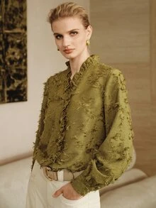 Arave CommtingElegant Commuter Solid Color Tassel Ruffle Trim Blouse - Army Green - View 7