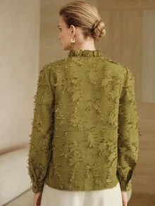 Arave CommtingElegant Commuter Solid Color Tassel Ruffle Trim Blouse - Army Green - View 5