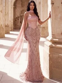 Coutiva Women's Elegant Beaded & Rhinestone Evening Gown, Suitable For Party, Holiday, Formal Dinner, Wedding Guest - Champagne - View 1