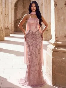 Coutiva Women's Elegant Beaded & Rhinestone Evening Gown, Suitable For Party, Holiday, Formal Dinner, Wedding Guest - Champagne - View 5
