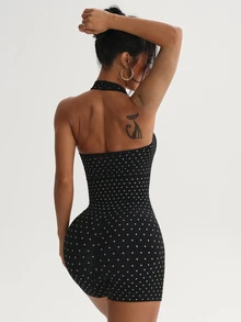 StreetHx Yoga Seamless Halter Neck Polka Dot Romper - Black and White - View 2