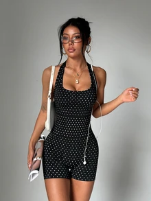 StreetHx Yoga Seamless Halter Neck Polka Dot Romper - Black and White - View 3