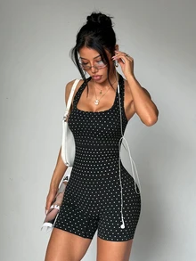 StreetHx Yoga Seamless Halter Neck Polka Dot Romper - Black and White - View 1