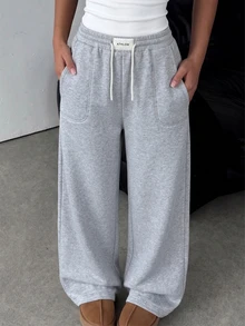 SHEIN 青少年女孩灰色與白色對比腰帶休閒街頭風極簡運動長褲 - 淺灰色 - 查看 1