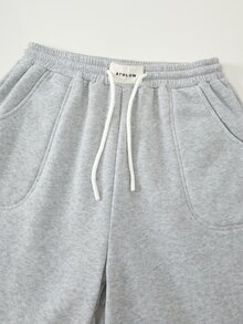 SHEIN 青少年女孩灰色與白色對比腰帶休閒街頭風極簡運動長褲 - 淺灰色 - 查看 4