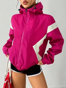 SHEIN Sports 女款拼色長袖拉鍊連帽運動外套 - 玫紅色 - 查看 6