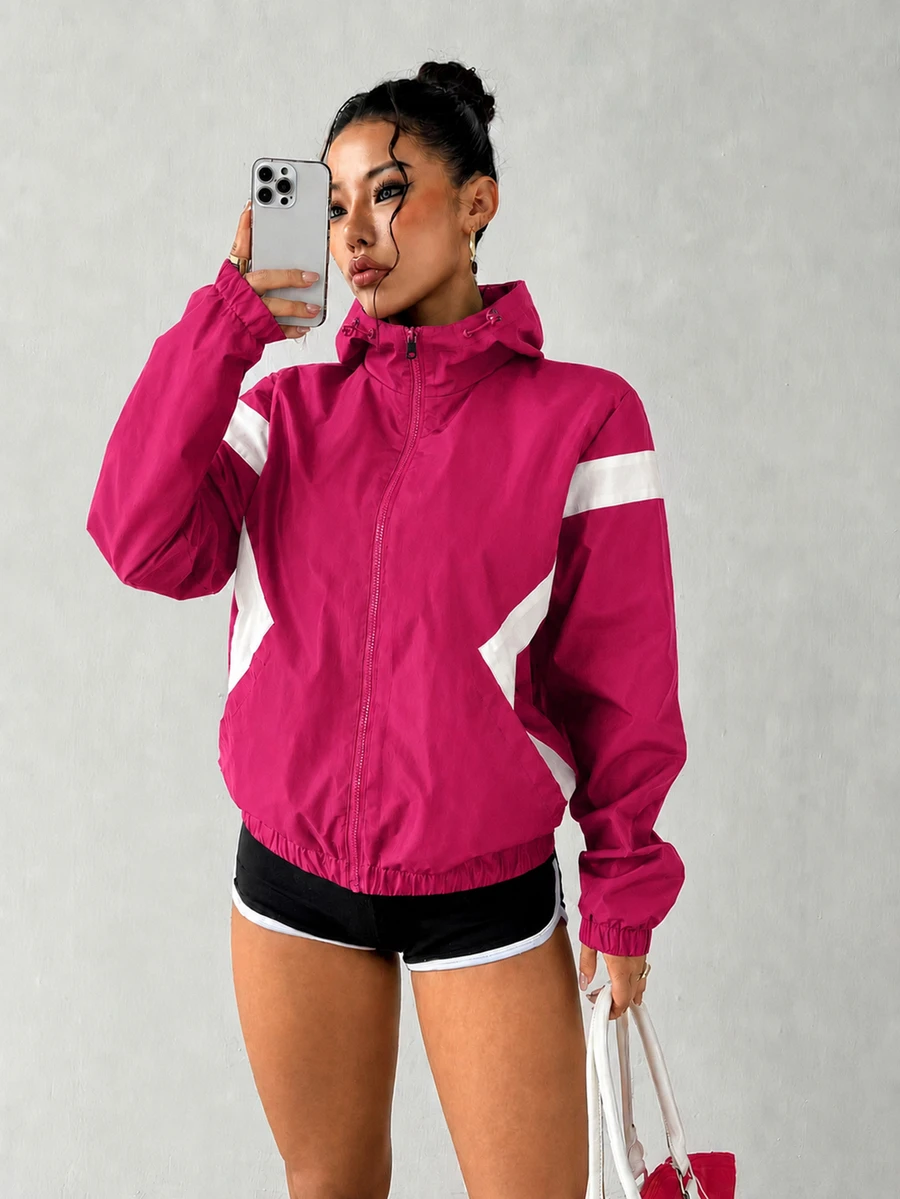 SHEIN Sports 女款拼色長袖拉鍊連帽運動外套 - 玫紅色 - 查看 1