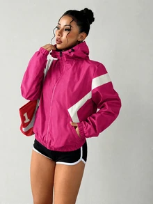 SHEIN Sports 女款拼色長袖拉鍊連帽運動外套 - 玫紅色 - 查看 5