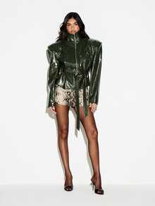 KIZN Patent Leather Belted Jacket With Structured Shoulders High Neck Zip Front Fall Winter Statement Outerwear - Dark Grey - View 4
