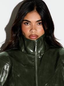 KIZN Patent Leather Belted Jacket With Structured Shoulders High Neck Zip Front Fall Winter Statement Outerwear - Dark Grey - View 2