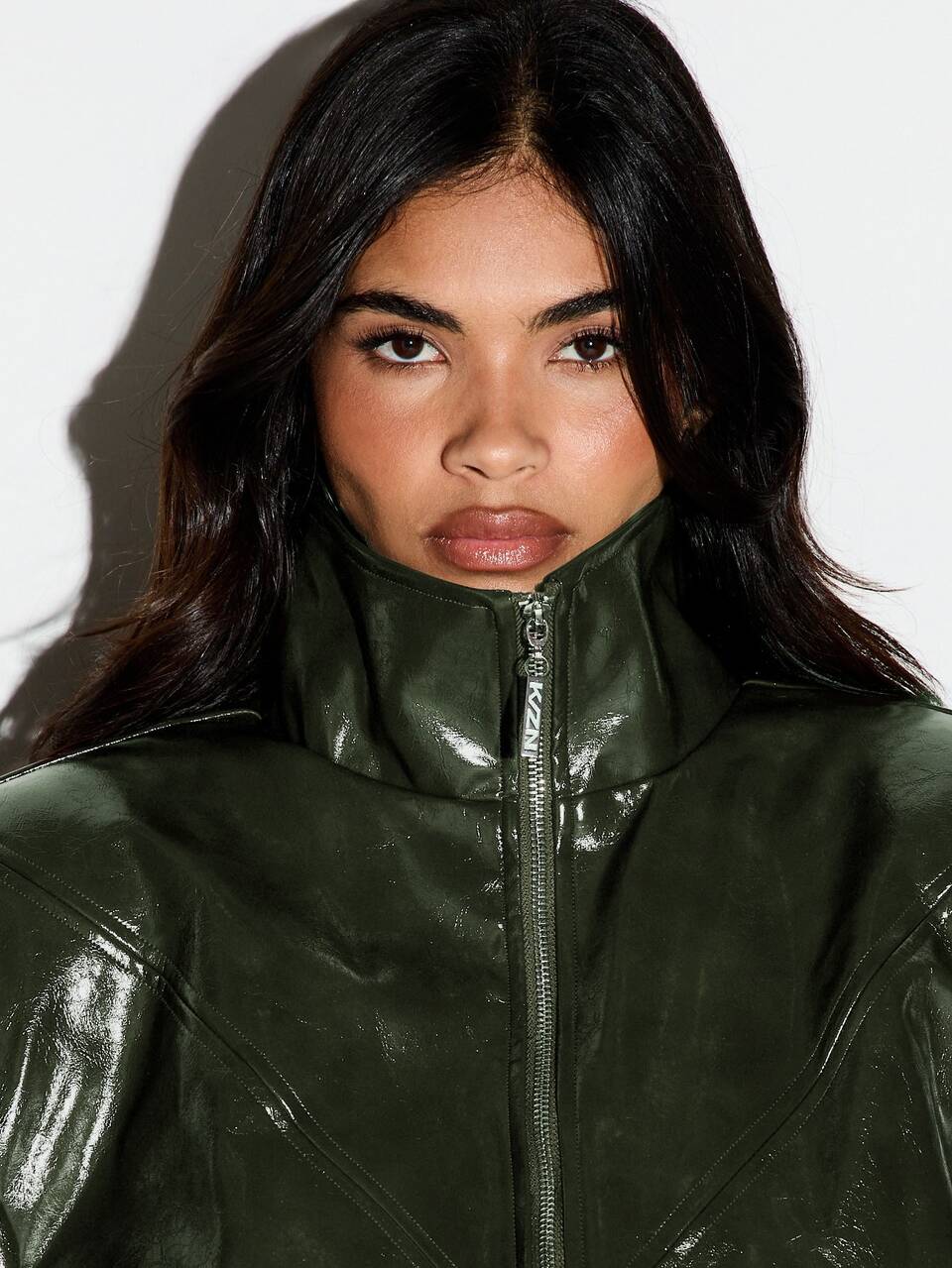 KIZN Patent Leather Jacket With Belt And Structured Shoulders