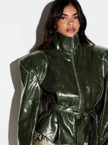 KIZN Patent Leather Belted Jacket With Structured Shoulders High Neck Zip Front Fall Winter Statement Outerwear - Dark Grey - View 5