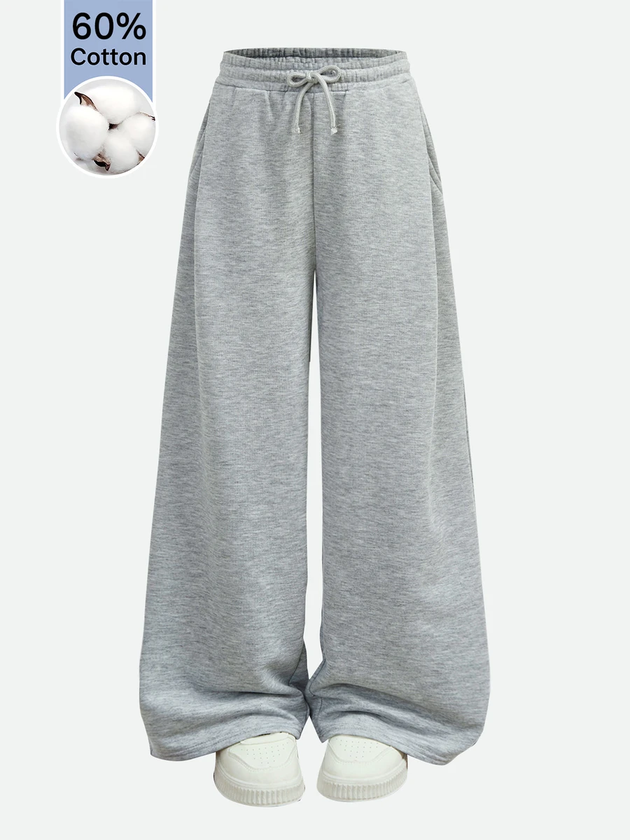 SHEIN Girlism Tween Girl Knitted Light Kids Gray Loose Casual Versatile Drawstring Pocket Wide Leg Sweatpants - Grey - View 1