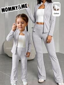SHEIN LMoss Kids 女童小女孩針織素色立領休閒夾克與長褲兩件套，磨毛加厚面料，適合秋冬穿著 - 灰色 - 查看 5