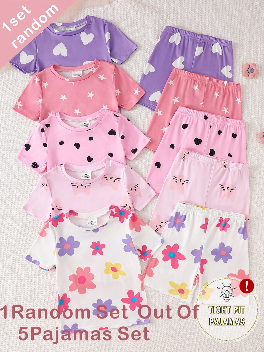 (5 Sets Randomly Sent 1 Set) Girls Toddler Knit Round Neck Pink Purple Light Pink White Cartoon Pattern Heart Star Flower Cat Print Comfortable Casual Simple Fitted Loungewear Summer - Multicolor - View 1