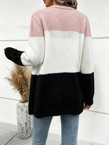 EMERY ROSE Women's Contrast Color Drop Shoulder Long Sleeve Casual Knit Cardigan Brunch School Black And Pink Autumn - Multicolor - View 2