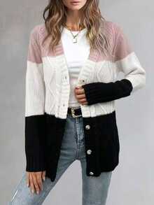 EMERY ROSE Women's Contrast Color Drop Shoulder Long Sleeve Casual Knit Cardigan Brunch School Black And Pink Autumn - Multicolor - View 1