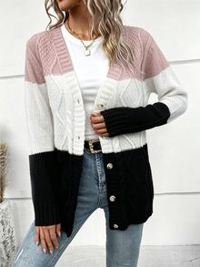 EMERY ROSE Women's Contrast Color Drop Shoulder Long Sleeve Casual Knit Cardigan Brunch School Black And Pink Autumn - Multicolor - View 6