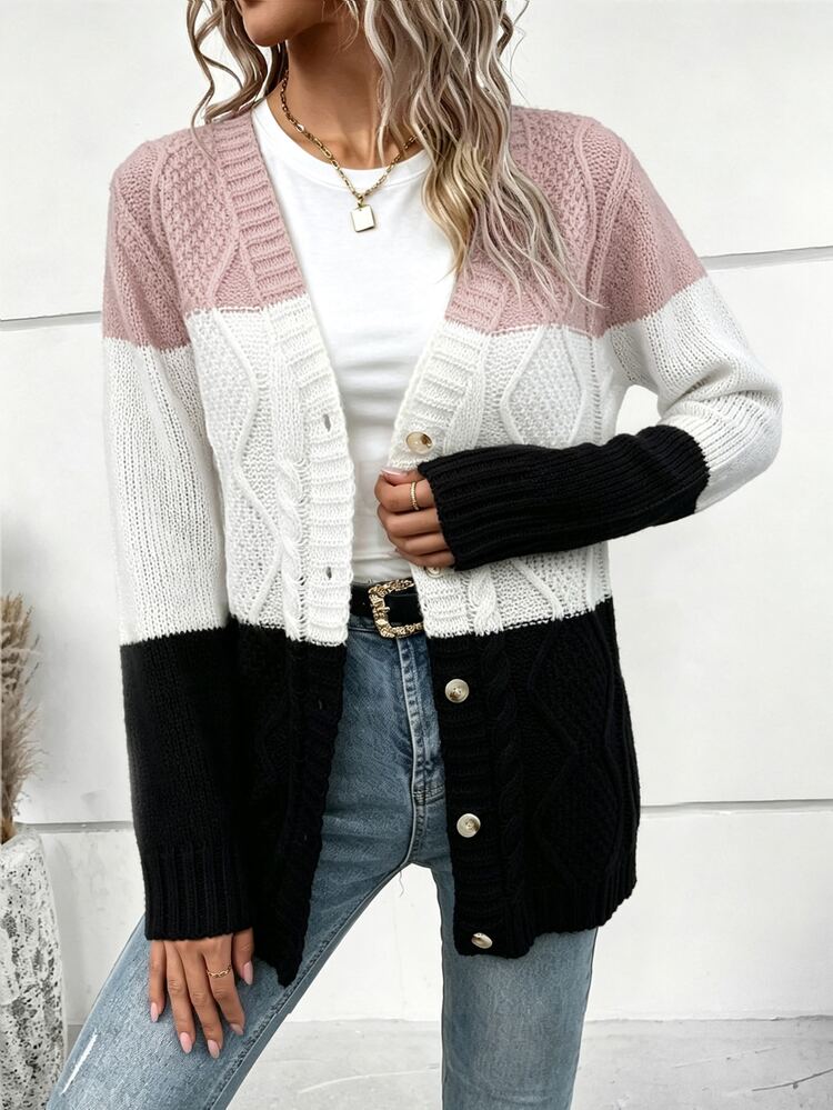 EMERY ROSE Cardigan Rajut Kasual Lengan Panjang Bahu Longgar Warna Kontras untuk Wanita, Cocok untuk Acara Santai di Sekolah, Warna Hitam dan Merah Muda, Cocok untuk Musim Gugur. - MultiWarna - View 6