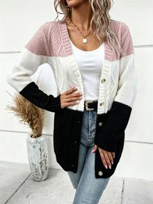 EMERY ROSE Women's Contrast Color Drop Shoulder Long Sleeve Casual Knit Cardigan Brunch School Black And Pink Autumn - Multicolor - View 7