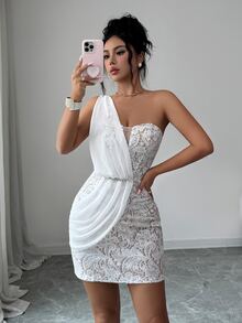 Elenzga One Shoulder Lace Overlay Longline Dress - Multicolor - View 4