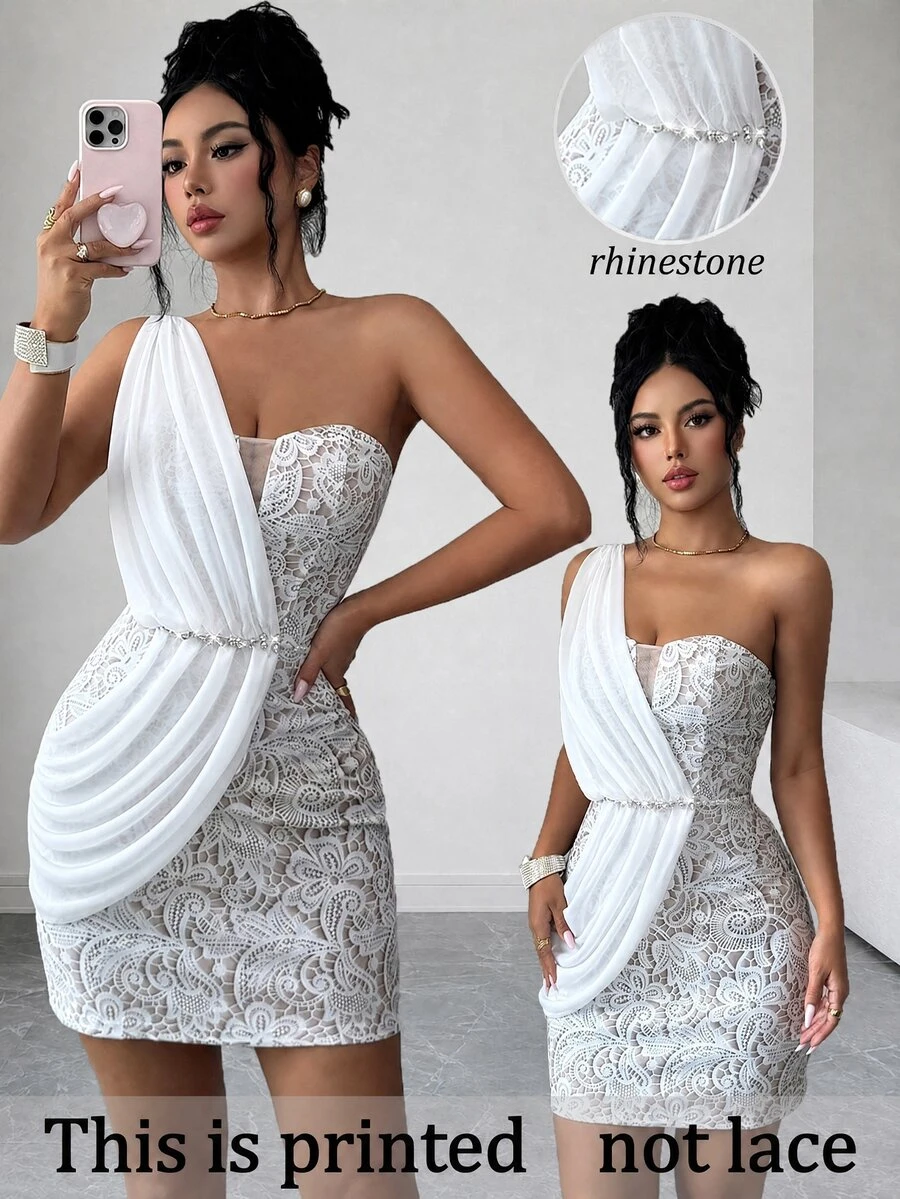 Elenzga One Shoulder Lace Overlay Longline Dress - Multicolor - View 1