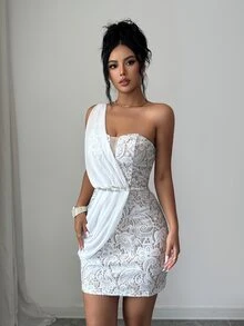 Elenzga One Shoulder Lace Overlay Longline Dress - Multicolor - View 7