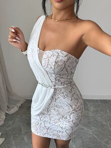 Elenzga One Shoulder Lace Overlay Longline Dress - Multicolor - View 3