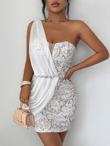 Elenzga One Shoulder Lace Overlay Longline Dress - Multicolor - View 6