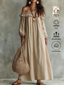 Omancia Gaun Wanita Lengan Panjang Berkerut dengan Bahu Terbuka, Gaun Linen Longgar yang Melangsingkan - Khaki - View 1