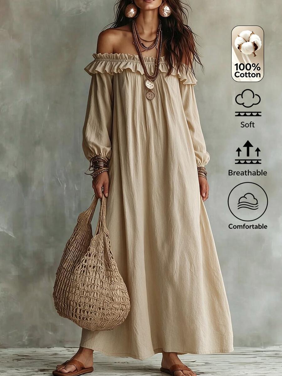 Omancia Gaun Wanita Lengan Panjang Berkerut dengan Bahu Terbuka, Gaun Linen Longgar yang Melangsingkan - Khaki - View 1