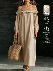 Omancia Gaun Wanita Lengan Panjang Berkerut dengan Bahu Terbuka, Gaun Linen Longgar yang Melangsingkan - Khaki - View 7